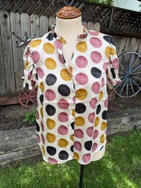 NWT Harvé Benard Polka Dot Pink, Mustard & Black Puff Sleeves Blouse Women's S